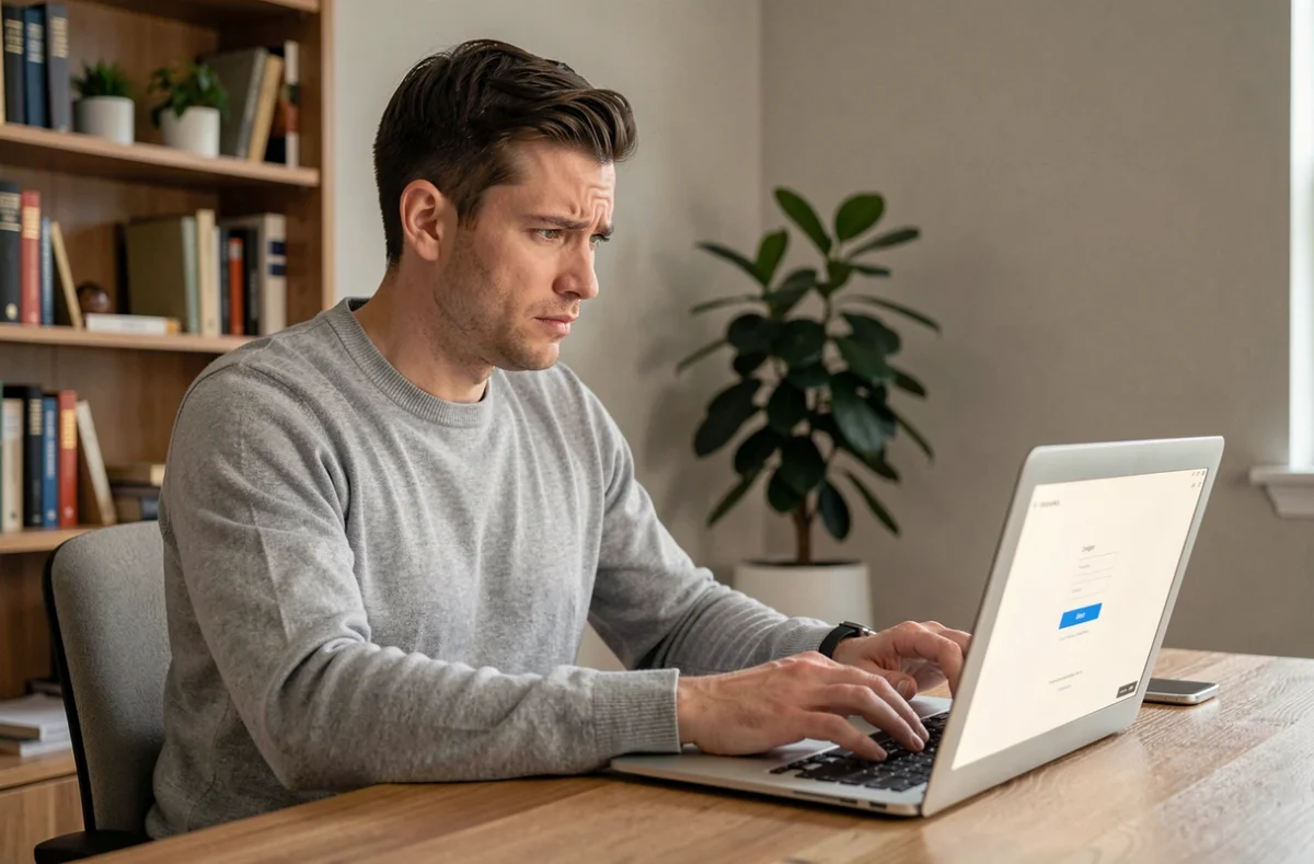 Homme assis à son bureau essayant de retrouver accès à son compte en ligne sur un ordinateur portable