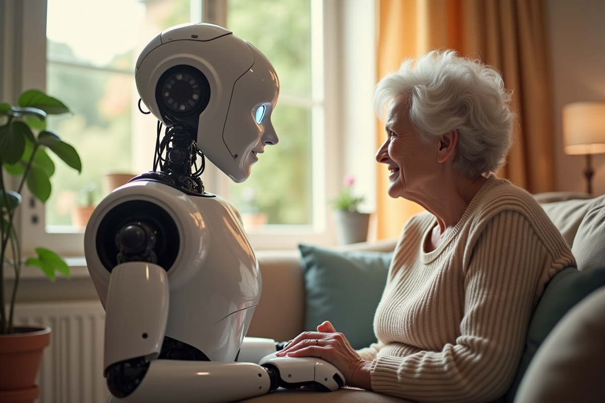 Robot humanoide aidant une personne agee chez elle