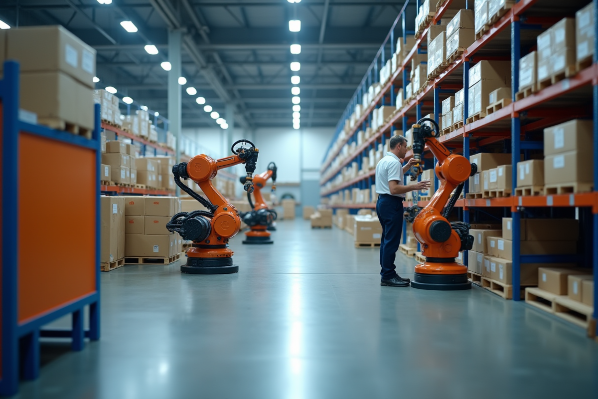 Robots et employés dans un entrepôt moderne pour contenu