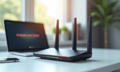 Routeur wifi moderne avec lumières d'état et ordinateur portable affichant un avertissement