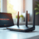 Routeur wifi moderne avec lumières d'état et ordinateur portable affichant un avertissement