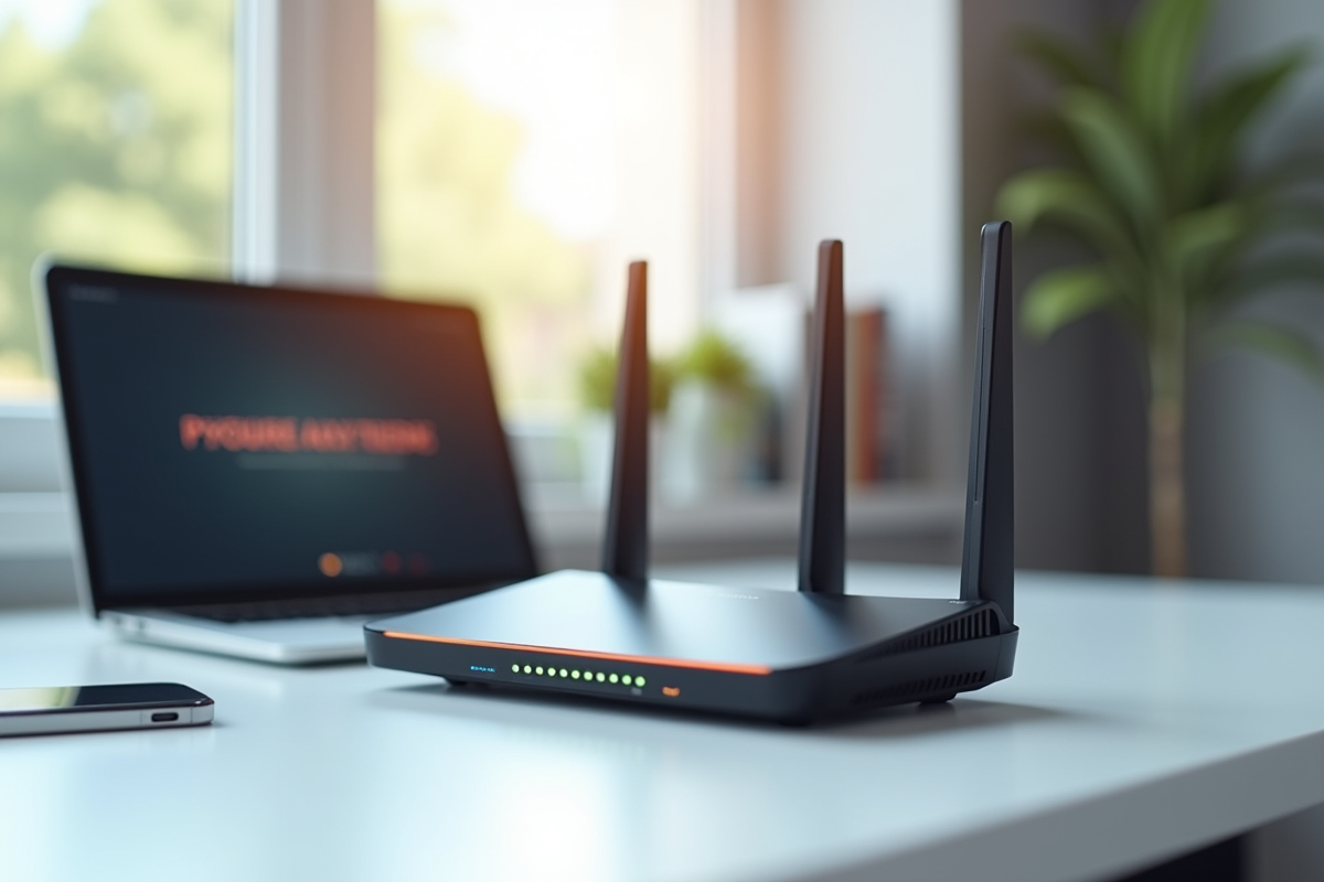 Routeur wifi moderne avec lumières d'état et ordinateur portable affichant un avertissement