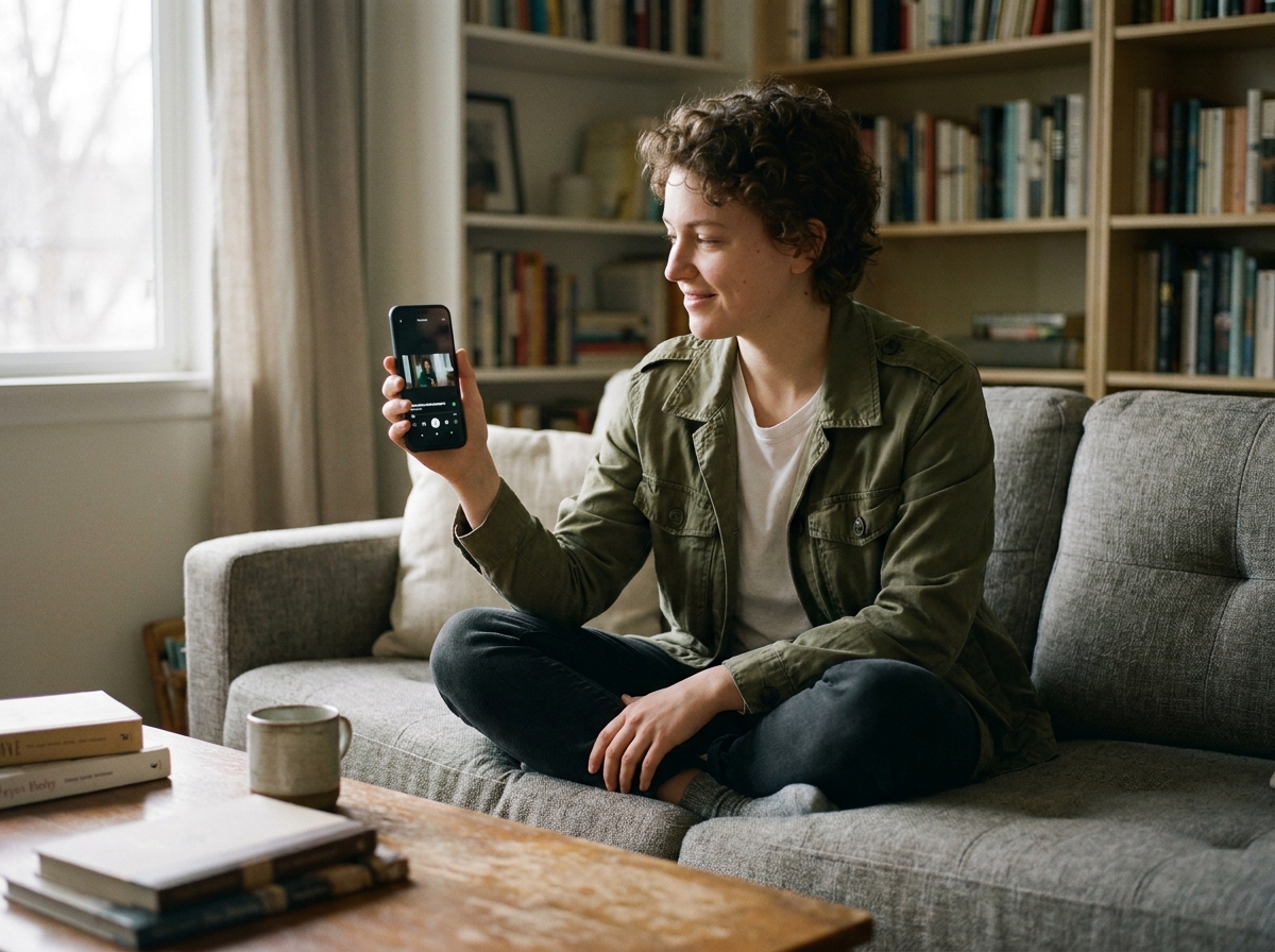 Personne regardant une vidéo sur un smartphone entrée de gamme confortablement installée chez elle