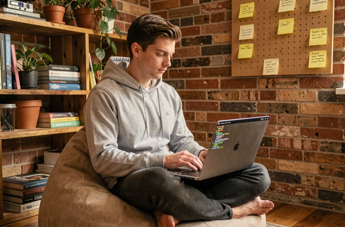 Développeur web spécialisé en open source travaillant dans un espace collaboratif décontracté, représentant l'expertise de Smile en développement open source