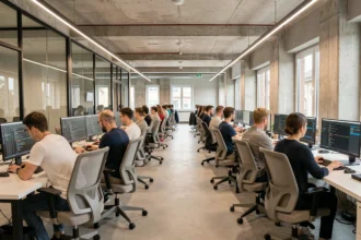 Équipe de développeurs logiciels collaborant dans un open-space moderne dans le Grand Est