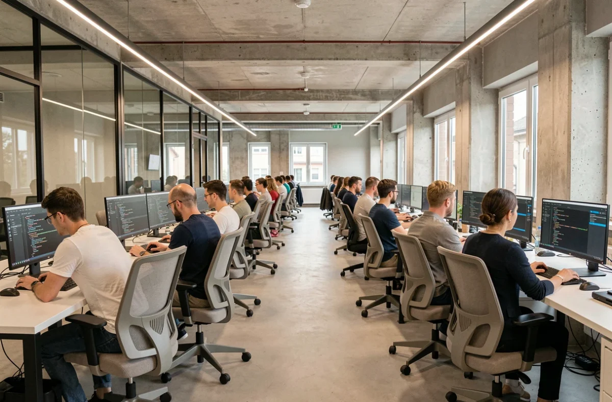 Équipe de développeurs logiciels collaborant dans un open-space moderne dans le Grand Est