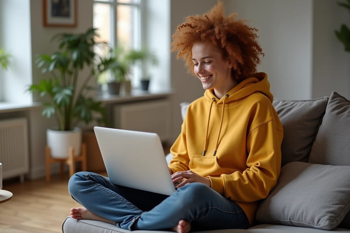 Jeune utilisateur Mac soulagé après avoir résolu une erreur dans Paint sur MacBook Air dans un salon moderne