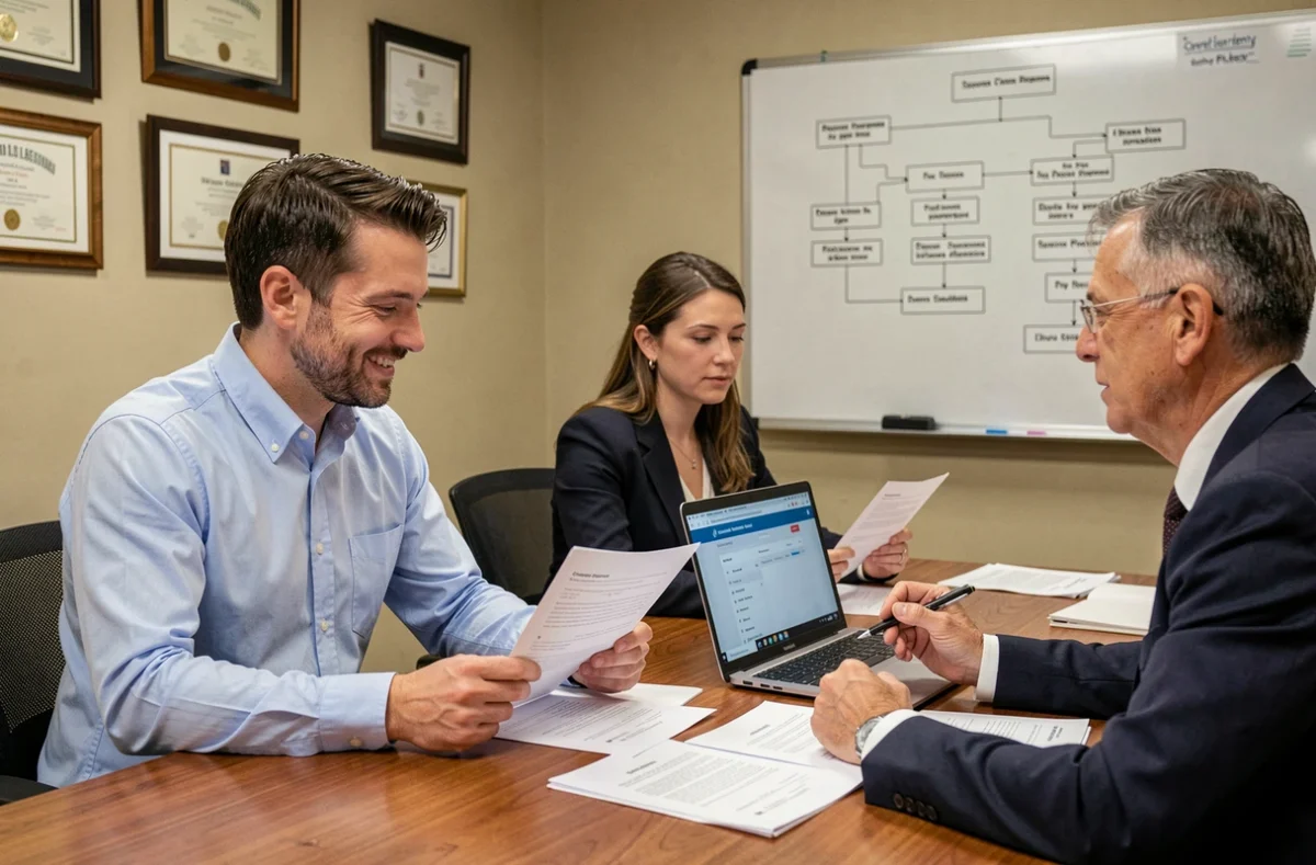 Consultant de Sopra Steria en réunion avec des agents du secteur public pour discuter de solutions digitales et de conformité administrative