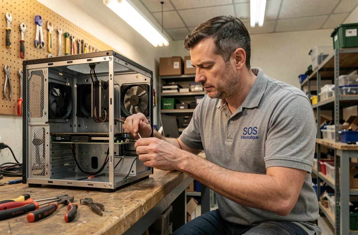 Technicien de SOS Informatique.Com réparant un ordinateur dans un atelier de maintenance informatique