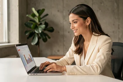 Jeune femme professionnelle analysant sa stratégie Instagram marketing sur un ordinateur portable dans un espace de coworking moderne