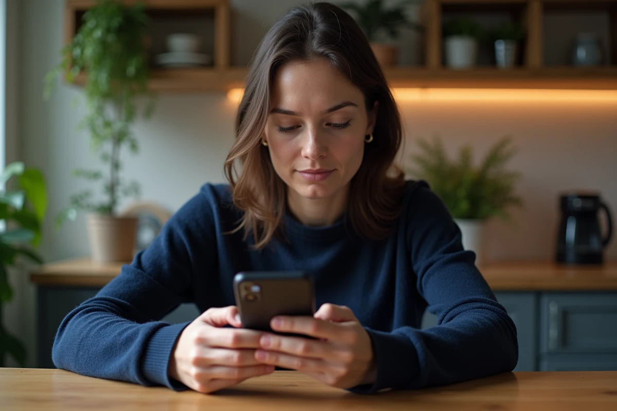 Femme supprimant un contact sur Messenger depuis son smartphone dans une cuisine moderne