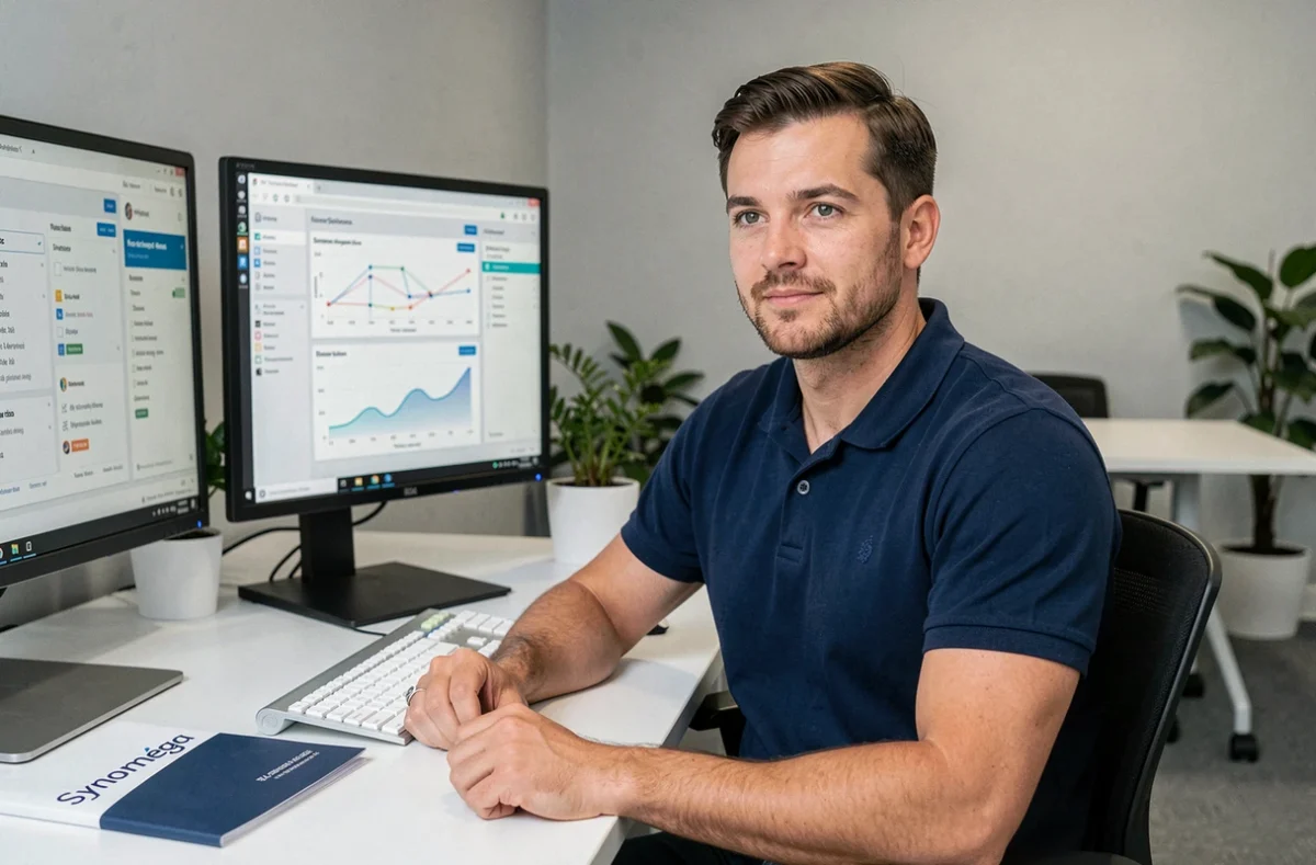 Consultant informatique de Synoméga travaillant sur des tableaux de bord réseau dans un bureau professionnel