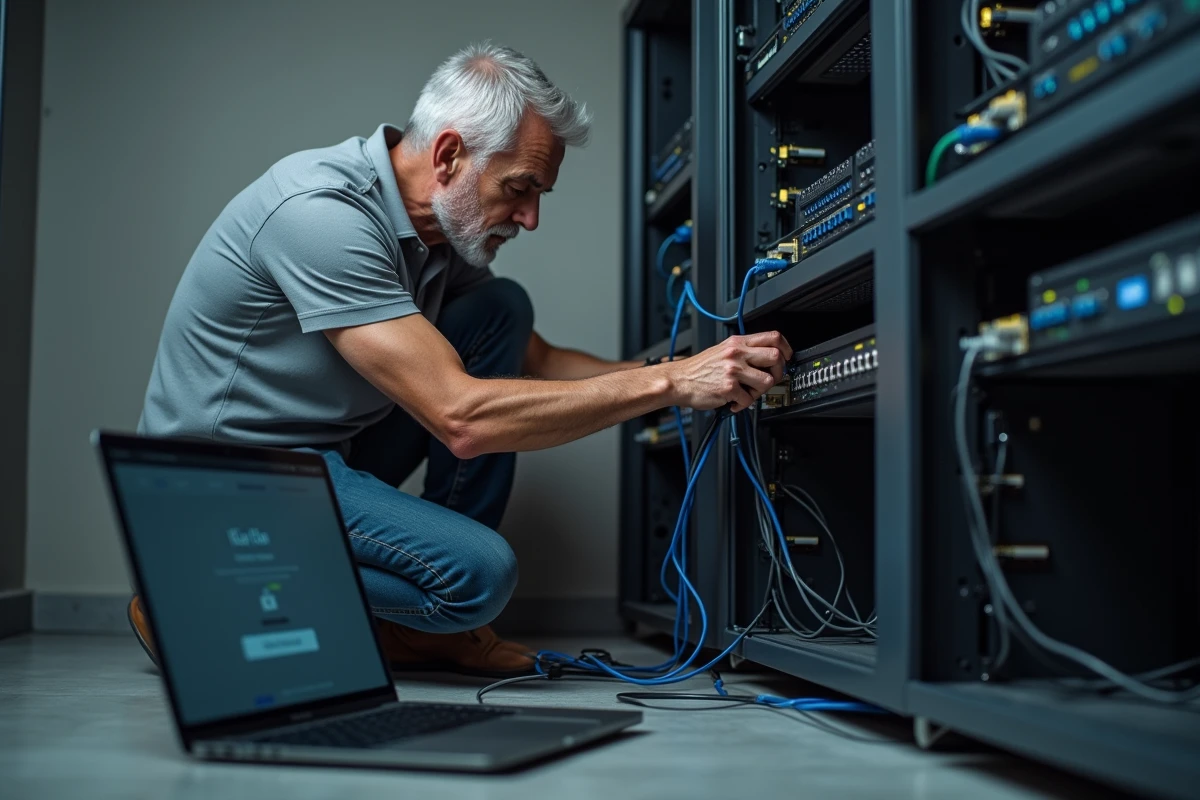 Technicien configurant un routeur domestique et accédant à la page de connexion via l'adresse IP 192.168.1.1 dans une salle technique