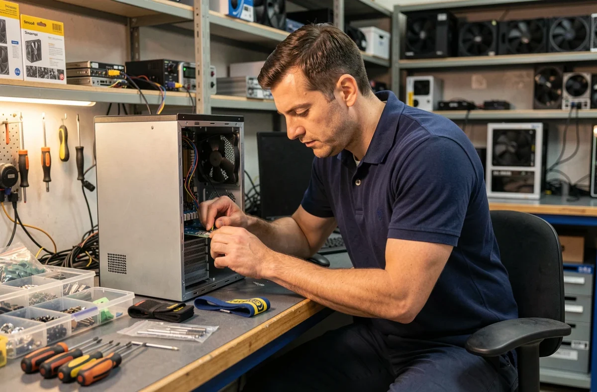 Technicien informatique réparant un ordinateur de bureau dans un atelier de dépannage informatique en Maine-et-Loire
