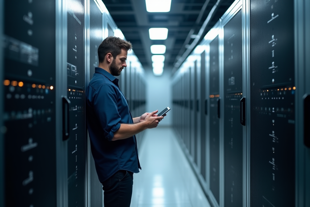 Technicien en salle serveurs utilisant une tablette pour la gestion