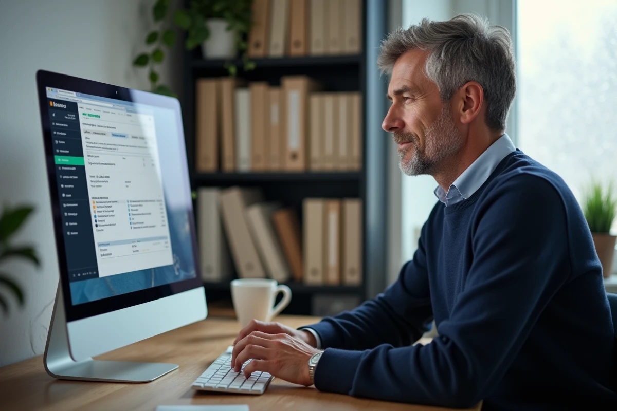 Homme téléchargeant un bulletin de paie depuis la plateforme Arkevia sur son ordinateur de bureau à domicile