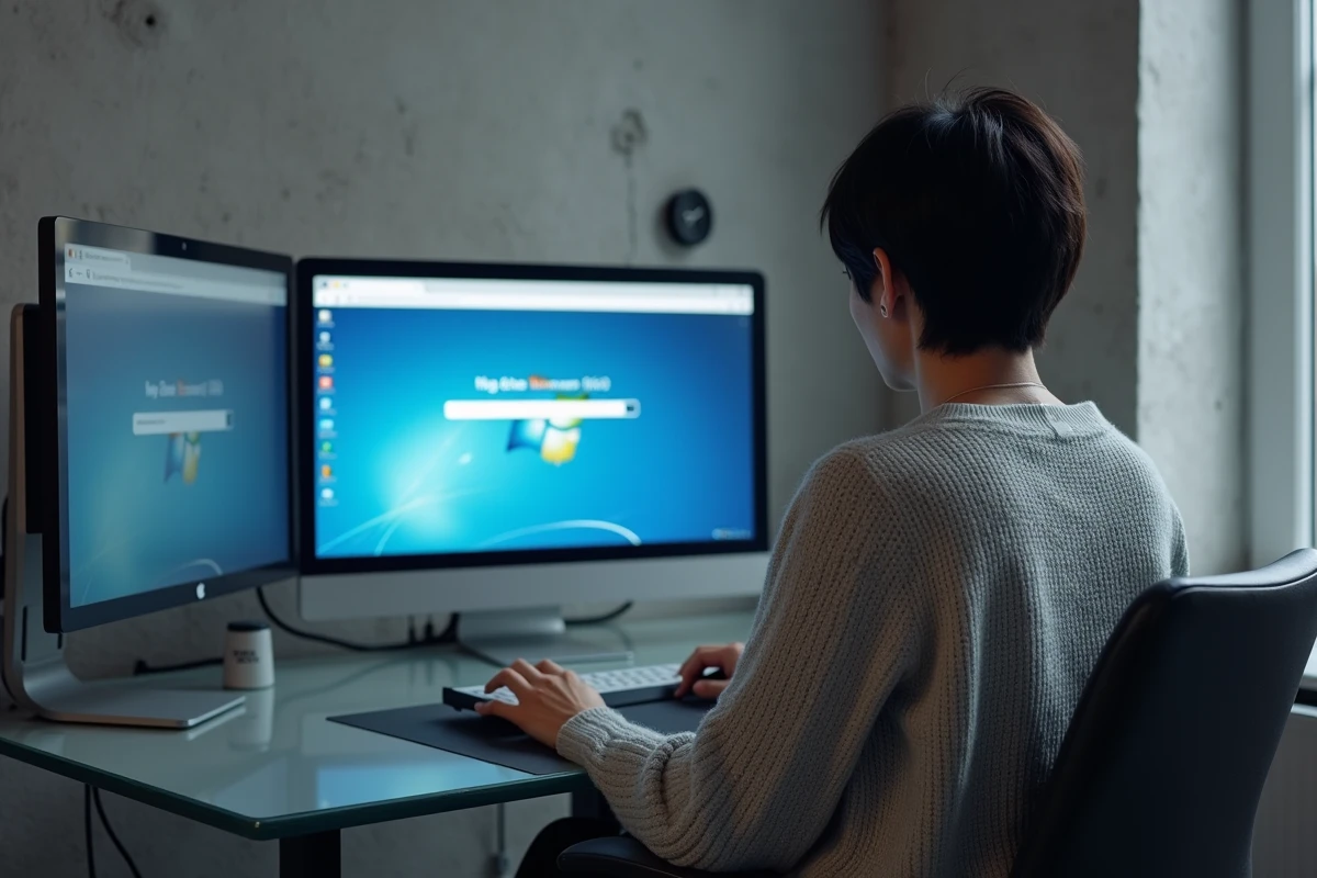 Femme téléchargeant un fichier ISO Windows 7 sur un ordinateur de bureau dans un appartement moderne