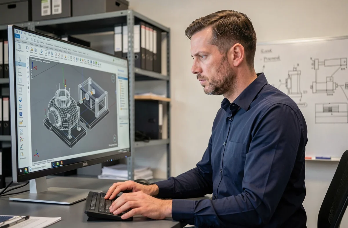 Ingénieur utilisant un logiciel CAO industriel Topsolid dans un bureau à Vandoeuvre-lès-Nancy