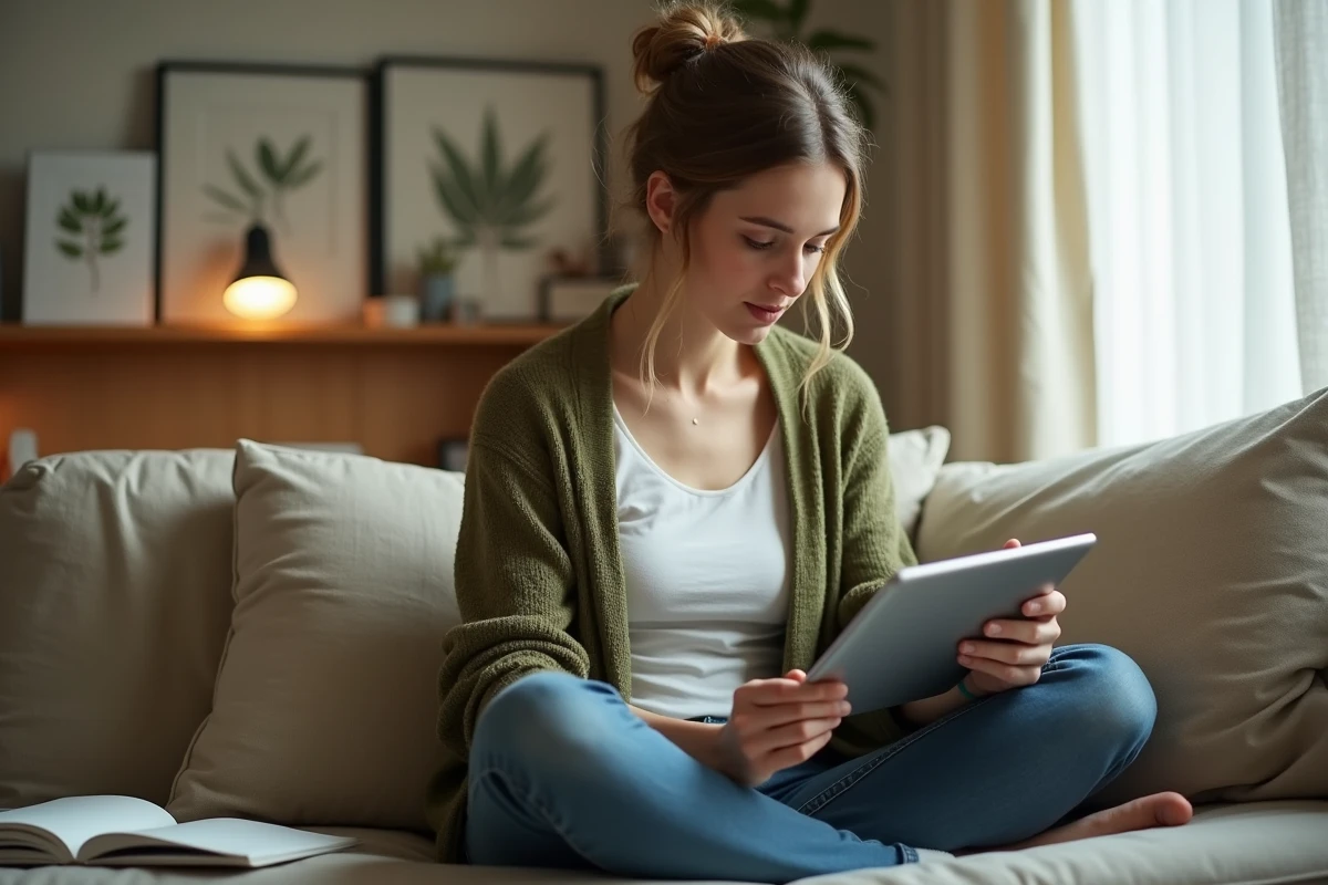 Jeune professionnelle classant ses e-mails importants sur une tablette dans un espace de télétravail organisé