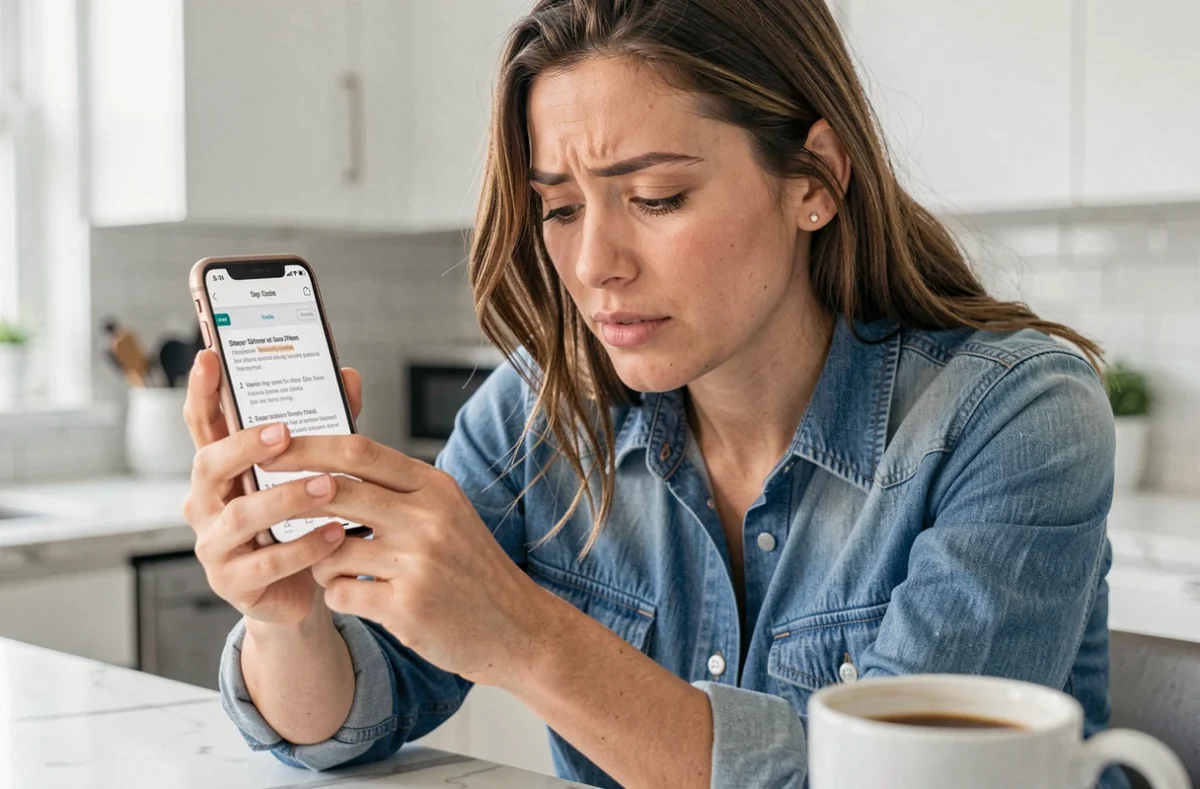 Femme consultant un tutoriel étape par étape sur son smartphone pour récupérer l'accès à un site web
