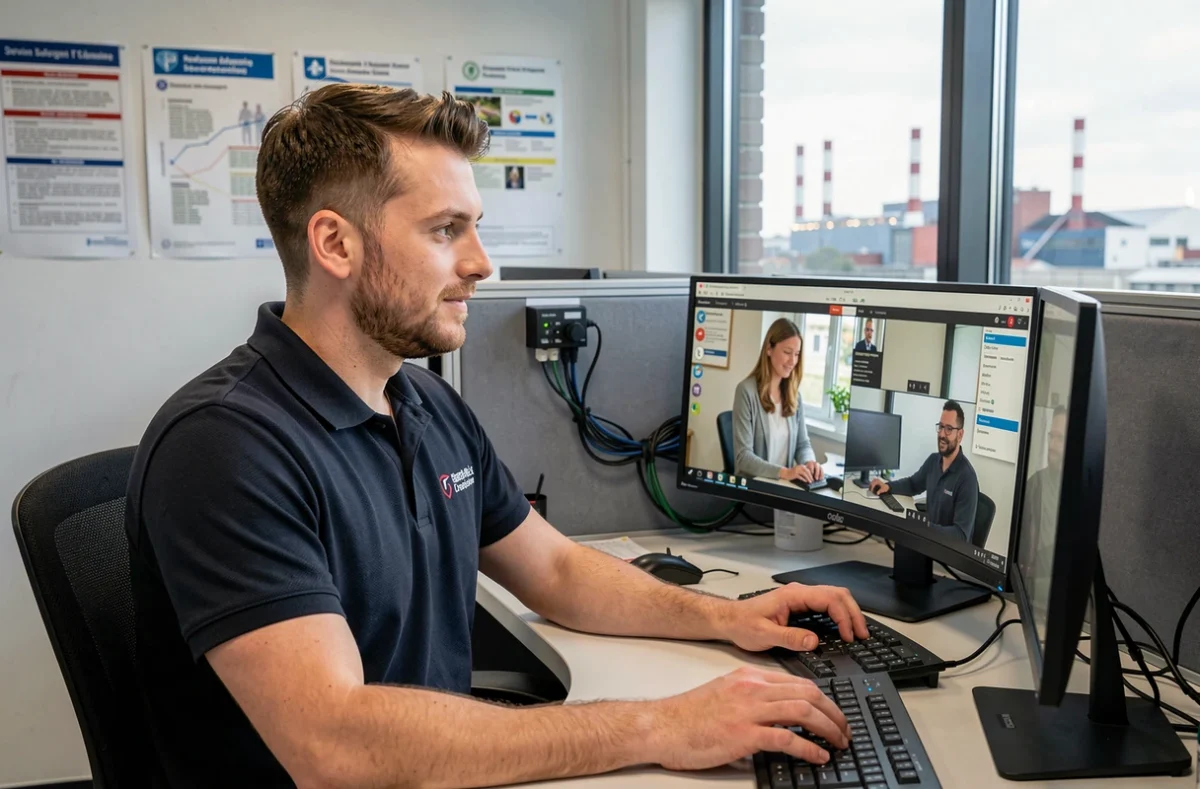 Technicien IT d'Unis accompagnant un client PME par télésupport depuis un centre de services numériques dans le Nord