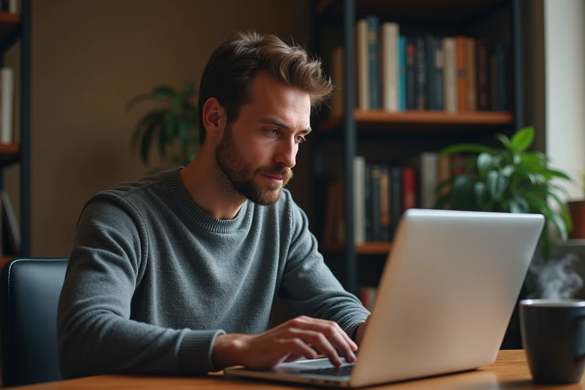 Utilisateur nostalgique consultant un ancien site web numérique sur son ordinateur portable dans un bureau à domicile