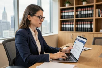 Femme professionnelle consultant des conditions d'utilisation légales d'une plateforme de streaming sur ordinateur portable au bureau