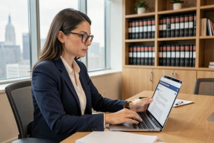Femme professionnelle consultant des conditions d'utilisation légales d'une plateforme de streaming sur ordinateur portable au bureau