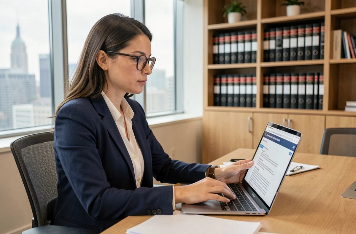 Femme professionnelle consultant des conditions d'utilisation légales d'une plateforme de streaming sur ordinateur portable au bureau