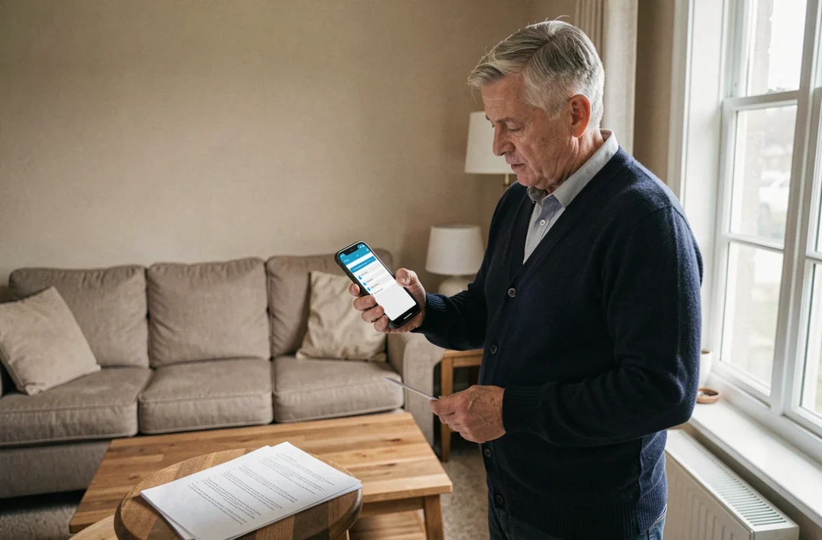 Personne vérifiant les paramètres de son compte Espace Orange mail sur smartphone à l'aide d'une checklist imprimée avant de changer d'appareil