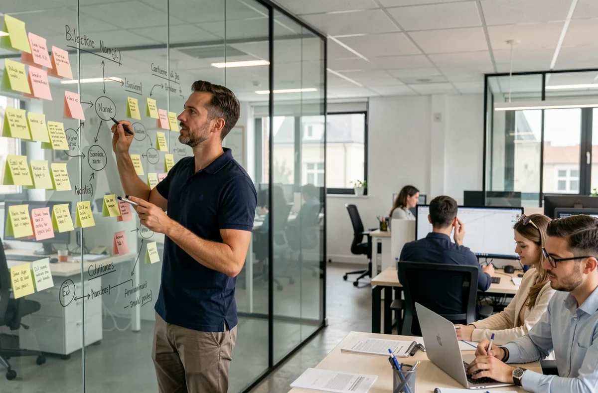 Ingénieur logiciel Versusmind présentant une architecture applicative dans un bureau ESN à Nancy